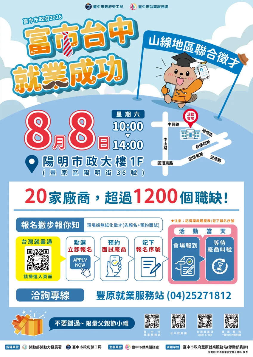 台中豐原聯合徵才!20大企業釋1200職缺 最高月薪上看9.6萬