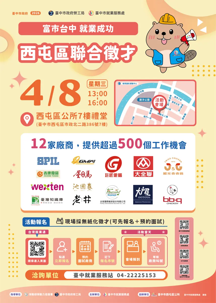 西屯徵才4/8登場!矽品、屋馬等12家企業搶人 最高月薪上看6萬9