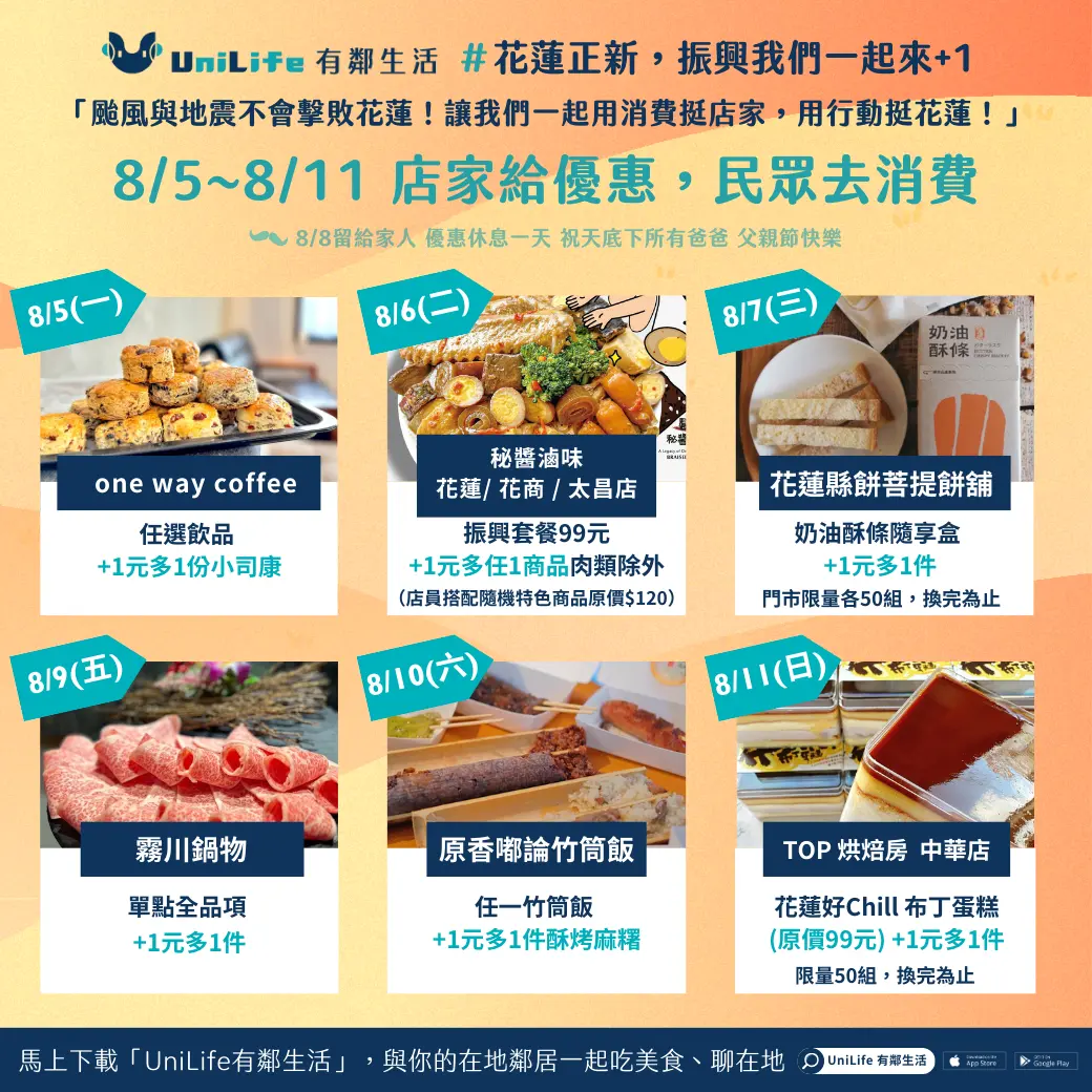 好評加碼第二波:花蓮正新 振興我+1!+1元多1件優惠,從火鍋全品項到竹筒飯,布丁蛋糕及奶油酥條等你來+1!