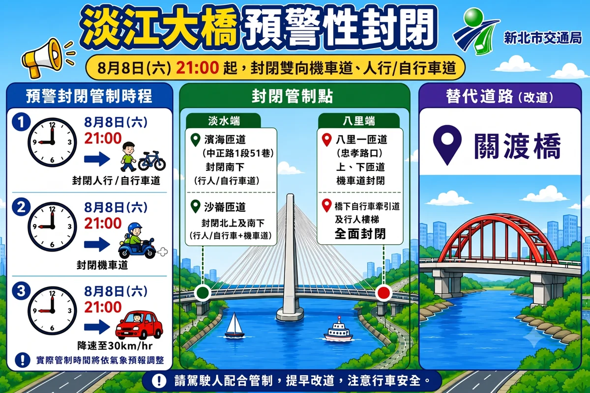 颱風夜注意!淡江大橋機慢車道今晚9點預防性封閉,主線限速30公里